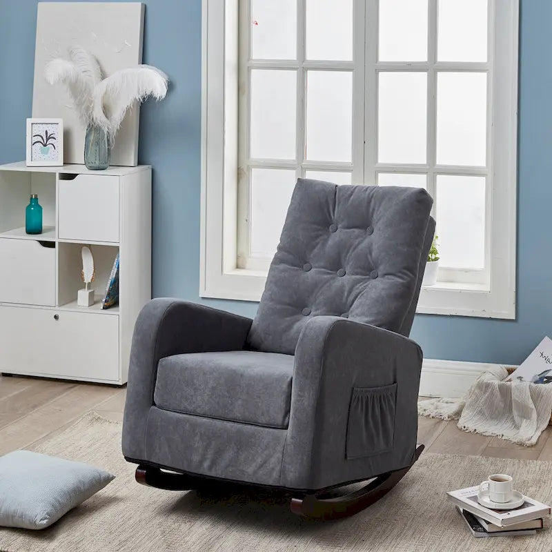 Fauteuil à bascule moderne 28.74 à dossier haut rembourré capitonné à boutons avec pieds en bois massif et poche latérale