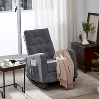 Fauteuil à bascule moderne 28.74 à dossier haut rembourré capitonné à boutons avec pieds en bois massif et poche latérale