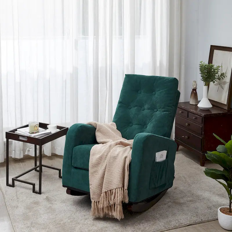 Fauteuil à bascule moderne 28.74 à dossier haut rembourré capitonné à boutons avec pieds en bois massif et poche latérale