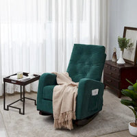 Fauteuil à bascule moderne 28.74 à dossier haut rembourré capitonné à boutons avec pieds en bois massif et poche latérale