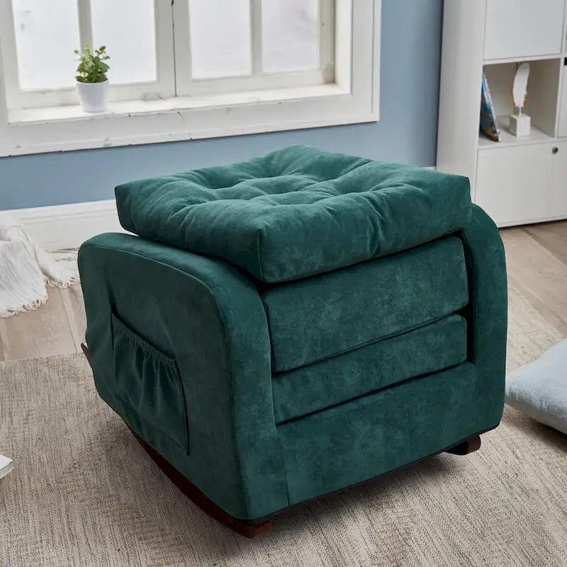 Fauteuil à bascule moderne 28.74 à dossier haut rembourré capitonné à boutons avec pieds en bois massif et poche latérale