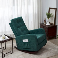 Fauteuil à bascule moderne 28.74 à dossier haut rembourré capitonné à boutons avec pieds en bois massif et poche latérale