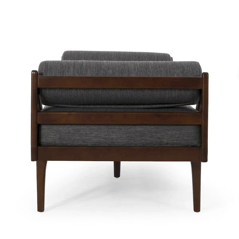 Chaise longue capitonnée moderne 65 en charbon de bois avec design en bois courbé et coussins décoratifs cylindriques