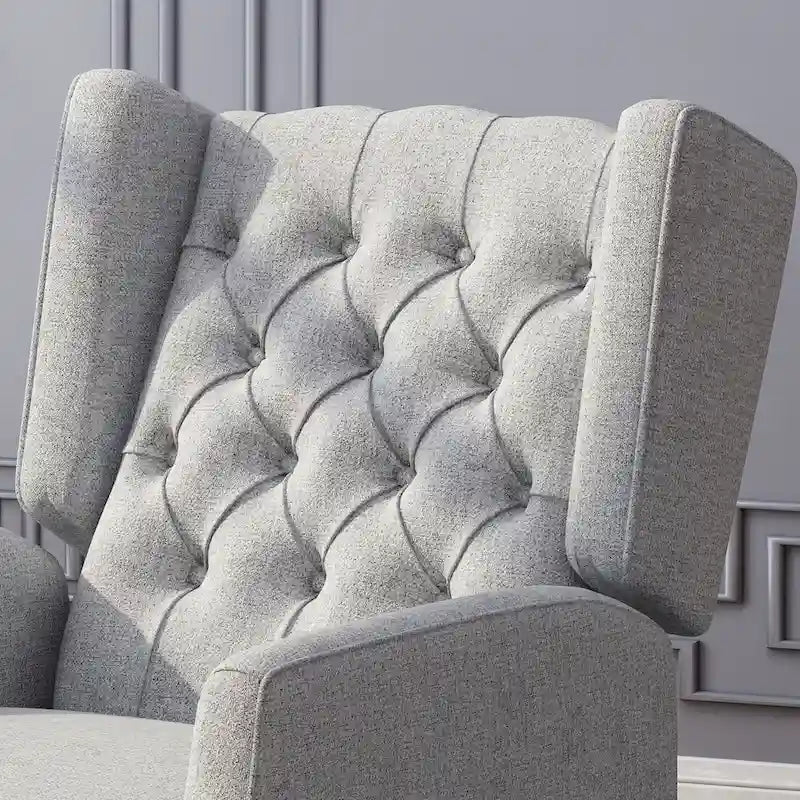 Fauteuil inclinable à pousser à dossier oreilles mid-century en tissu gris avec repose-pieds et dossier capitonné à boutons