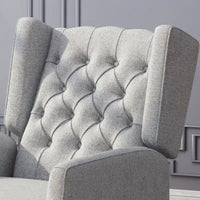 Fauteuil inclinable à pousser à dossier oreilles mid-century en tissu gris avec repose-pieds et dossier capitonné à boutons