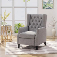 Fauteuil inclinable à pousser à dossier oreilles mid-century en tissu gris avec repose-pieds et dossier capitonné à boutons