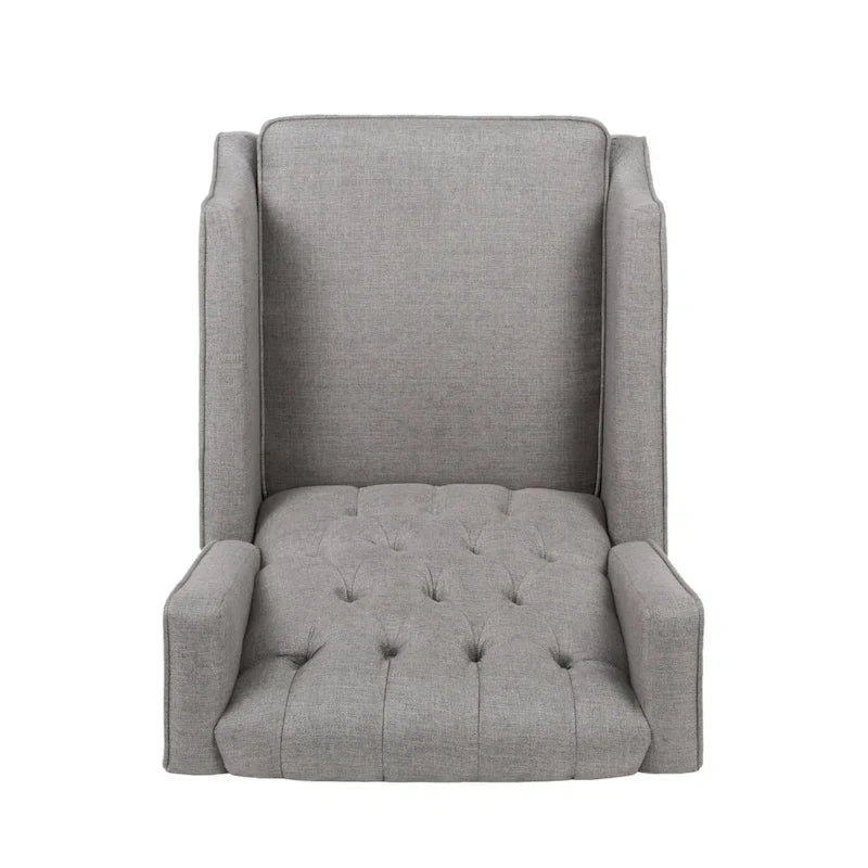 Fauteuil inclinable à pousser à dossier oreilles mid-century en tissu gris avec repose-pieds et dossier capitonné à boutons
