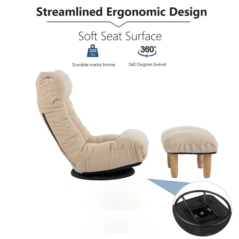 Ensemble Fauteuil Inclinable Manuel Pivotant 360° sans Accoudoirs Rembourré en Bouclette Beige avec Pouf, Appui-Tête et Dossier Réglables