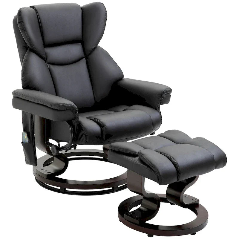 Ensemble de fauteuil inclinable manuel pivotant 360 en similicuir noir avec ottoman, 10 points de massage par vibration, poche latérale
