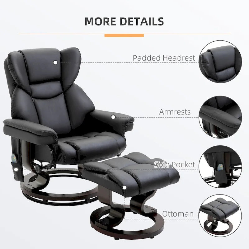 Ensemble de fauteuil inclinable manuel pivotant 360 en similicuir noir avec ottoman, 10 points de massage par vibration, poche latérale
