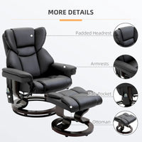 Ensemble de fauteuil inclinable manuel pivotant 360 en similicuir noir avec ottoman, 10 points de massage par vibration, poche latérale