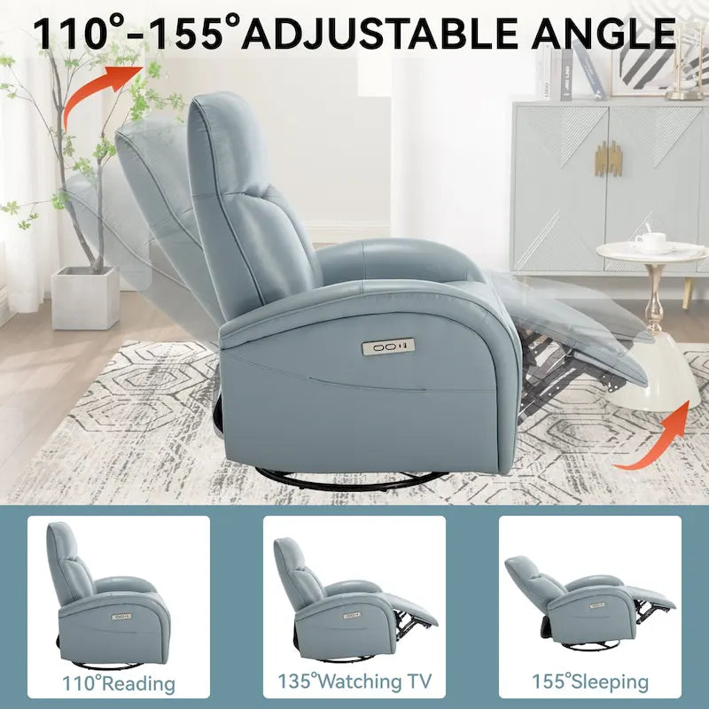 Fauteuil Inclinable Électrique en Cuir Véritable Bleu avec Pivot et Chargement USB