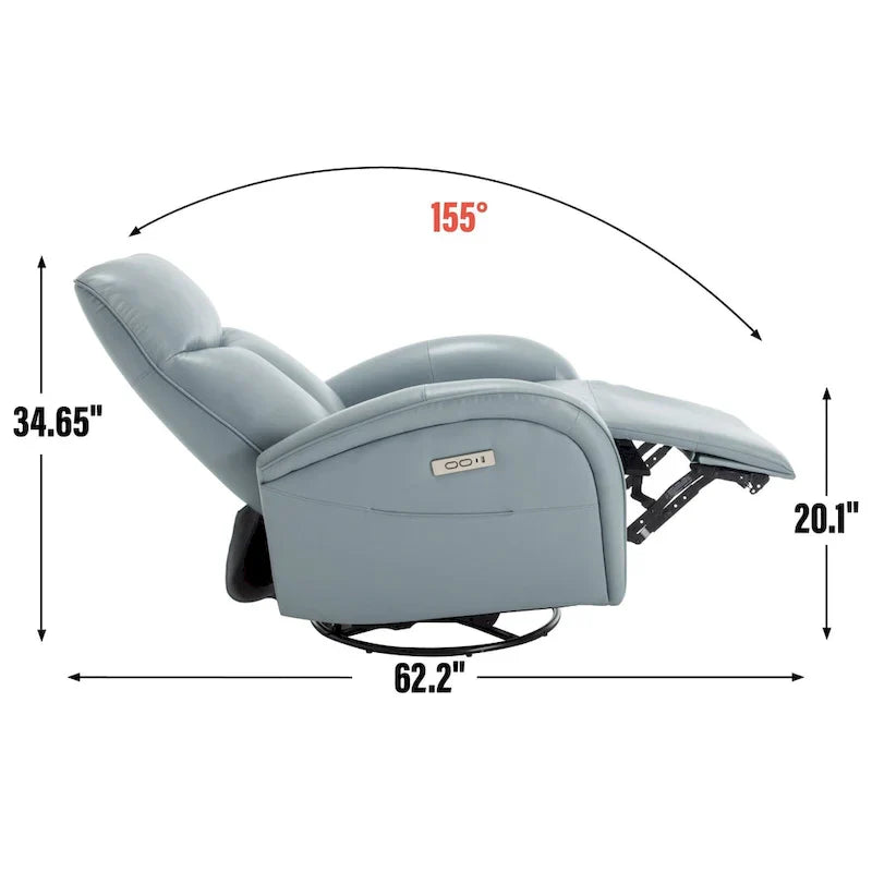 Fauteuil Inclinable Électrique en Cuir Véritable Bleu avec Pivot et Chargement USB