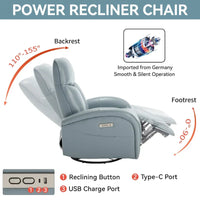 Fauteuil Inclinable Électrique en Cuir Véritable Bleu avec Pivot et Chargement USB