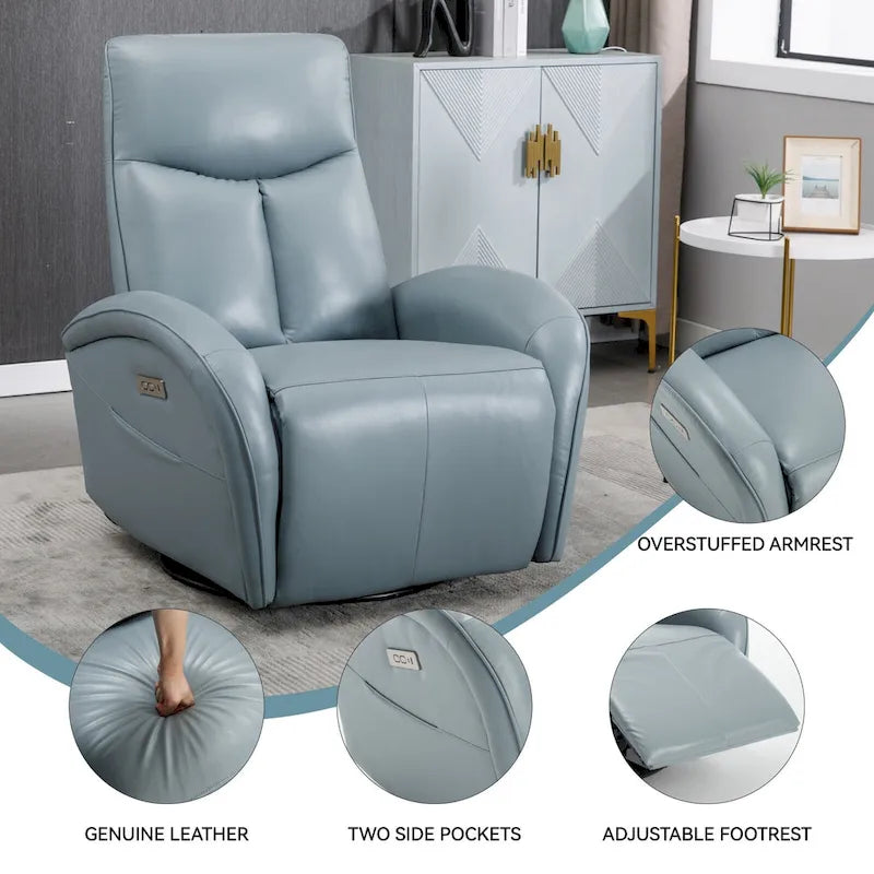Fauteuil Inclinable Électrique en Cuir Véritable Bleu avec Pivot et Chargement USB