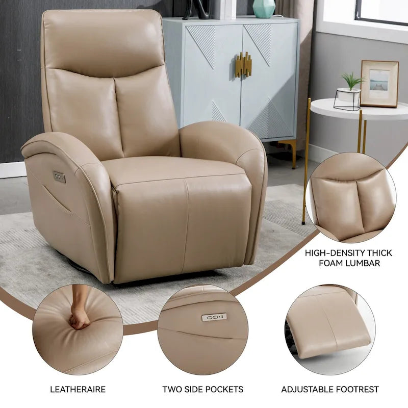 Fauteuil Inclinable Électrique en Cuir Véritable Bleu avec Pivot et Chargement USB