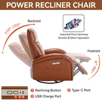 Fauteuil Inclinable Électrique en Cuir Véritable Bleu avec Pivot et Chargement USB
