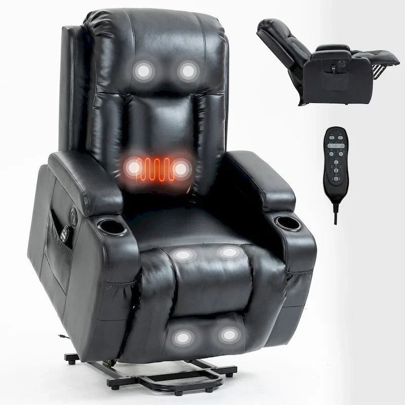 Fauteuil inclinable électrique noir pour personnes âgées avec massage vibrant, chauffage lombaire, port USB et porte-gobelets