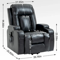 Fauteuil inclinable électrique noir pour personnes âgées avec massage vibrant, chauffage lombaire, port USB et porte-gobelets