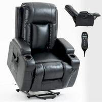 Fauteuil inclinable électrique noir pour personnes âgées avec massage vibrant, chauffage lombaire, port USB et porte-gobelets