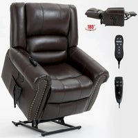 Fauteuil inclinable releveur en cuir véritable marron avec fonction de chauffage, de massage et ports USB