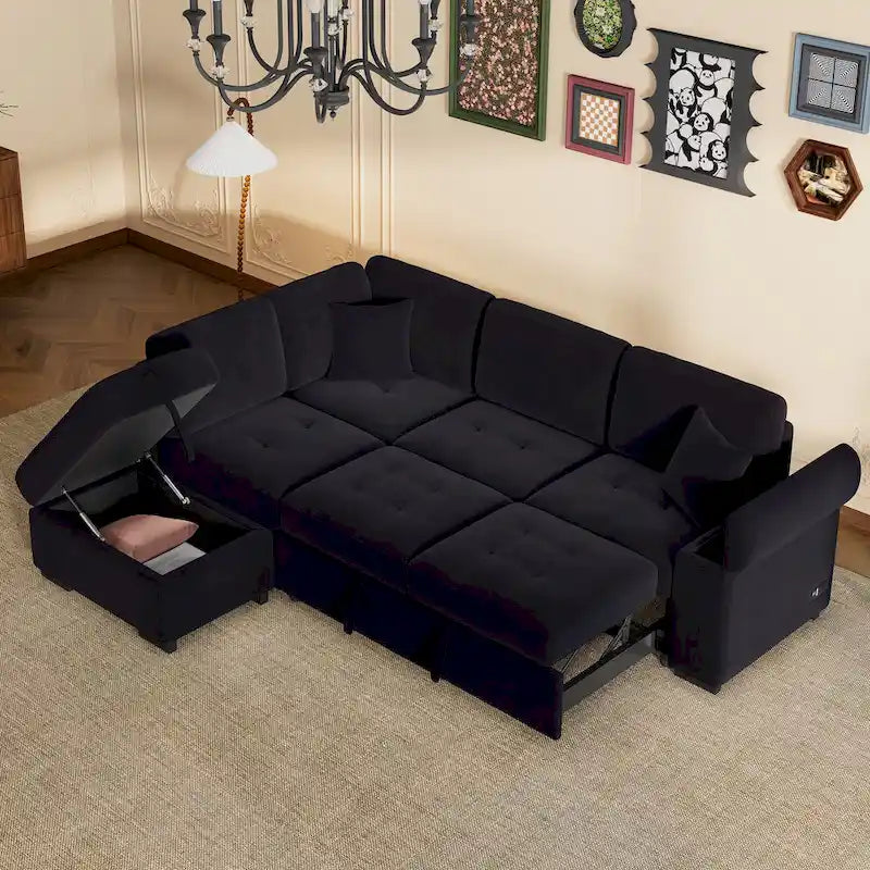 Canapé sectionnel 84.75 en forme de L 5 places avec lit escamotable, ottoman de rangement, rangement d'accoudoir dissimulé & charge USB