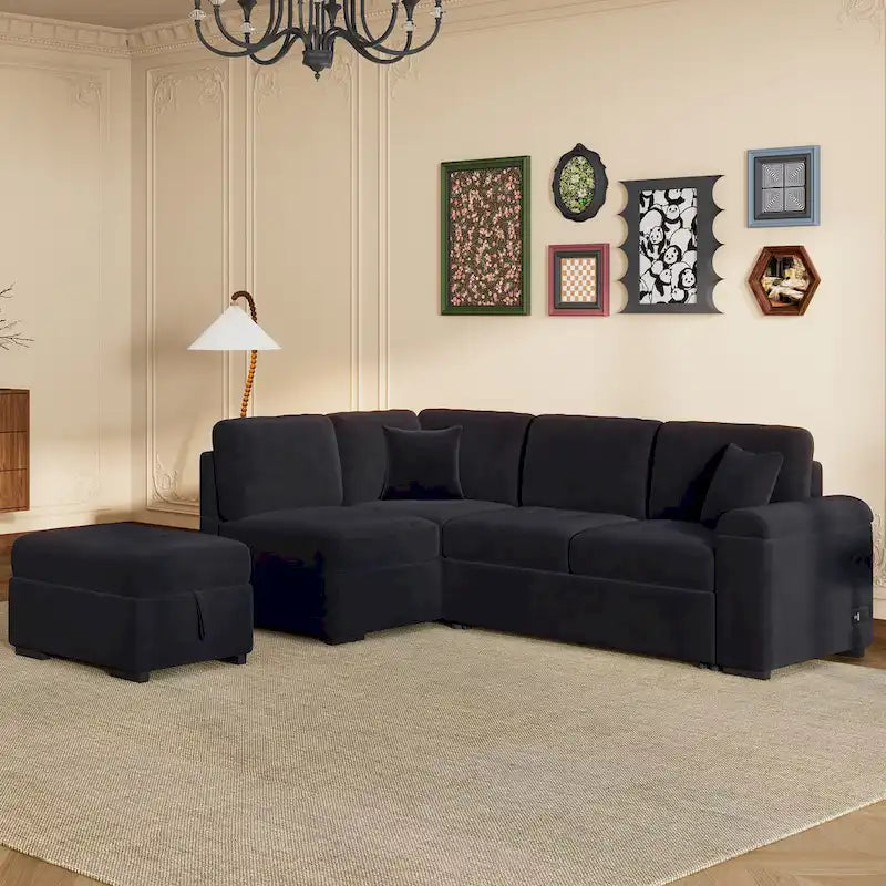 Canapé sectionnel 84.75 en forme de L 5 places avec lit escamotable, ottoman de rangement, rangement d'accoudoir dissimulé & charge USB