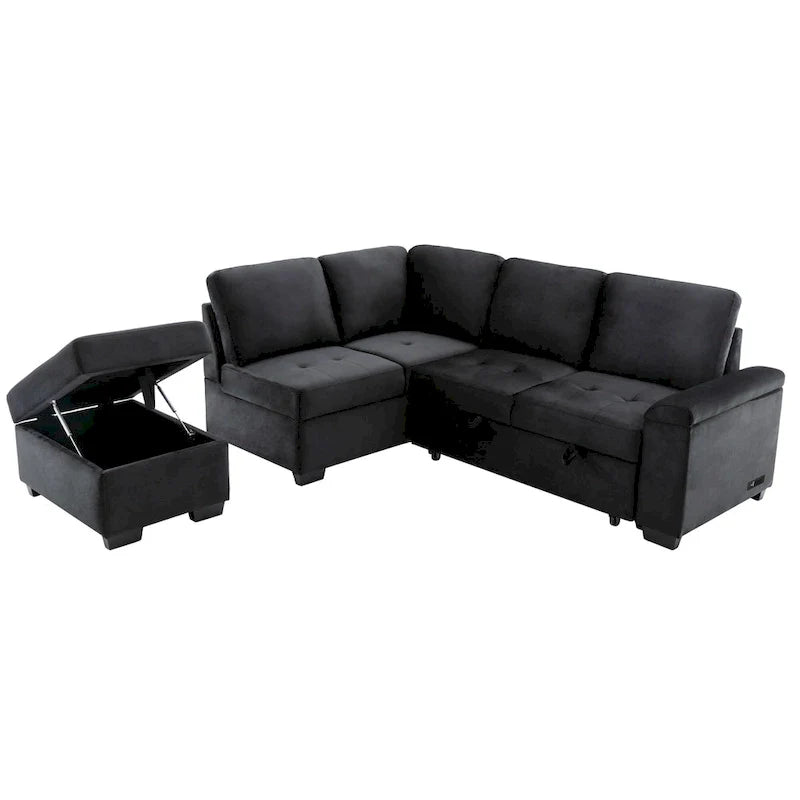 Canapé sectionnel 84.75 en forme de L 5 places avec lit escamotable, ottoman de rangement, rangement d'accoudoir dissimulé & charge USB