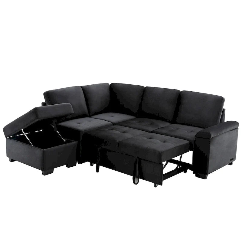 Canapé sectionnel 84.75 en forme de L 5 places avec lit escamotable, ottoman de rangement, rangement d'accoudoir dissimulé & charge USB