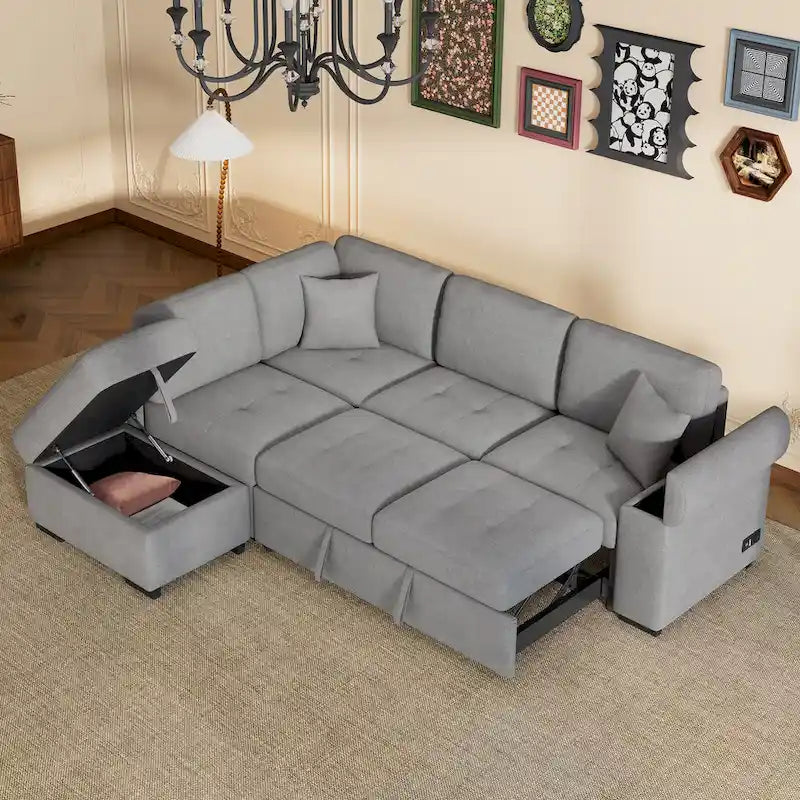 Canapé sectionnel 84.75 en forme de L 5 places avec lit escamotable, ottoman de rangement, rangement d'accoudoir dissimulé & charge USB