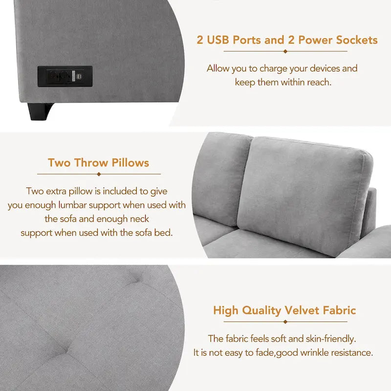 Canapé sectionnel 84.75 en forme de L 5 places avec lit escamotable, ottoman de rangement, rangement d'accoudoir dissimulé & charge USB