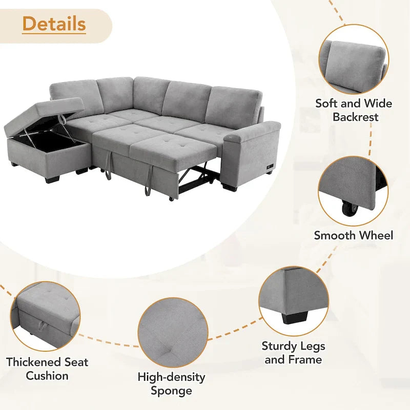 Canapé sectionnel 84.75 en forme de L 5 places avec lit escamotable, ottoman de rangement, rangement d'accoudoir dissimulé & charge USB