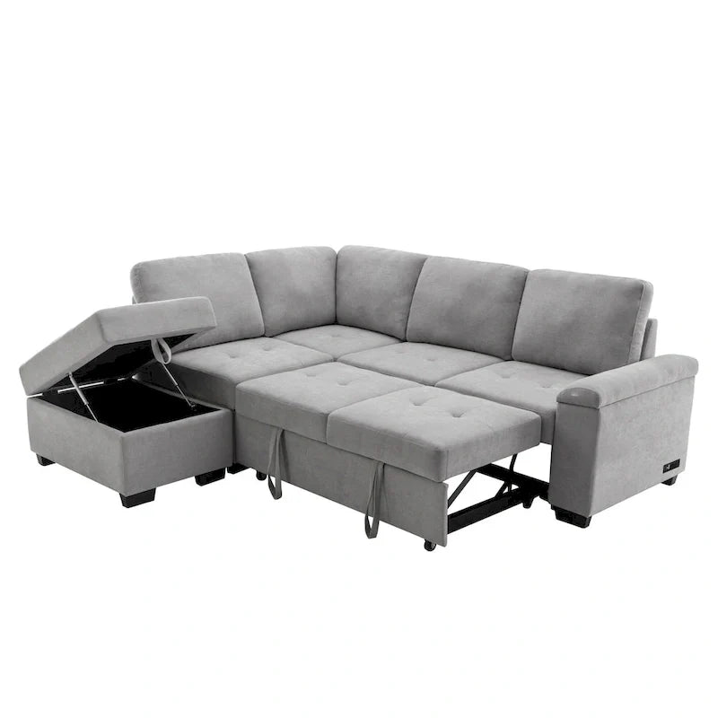 Canapé sectionnel 84.75 en forme de L 5 places avec lit escamotable, ottoman de rangement, rangement d'accoudoir dissimulé & charge USB