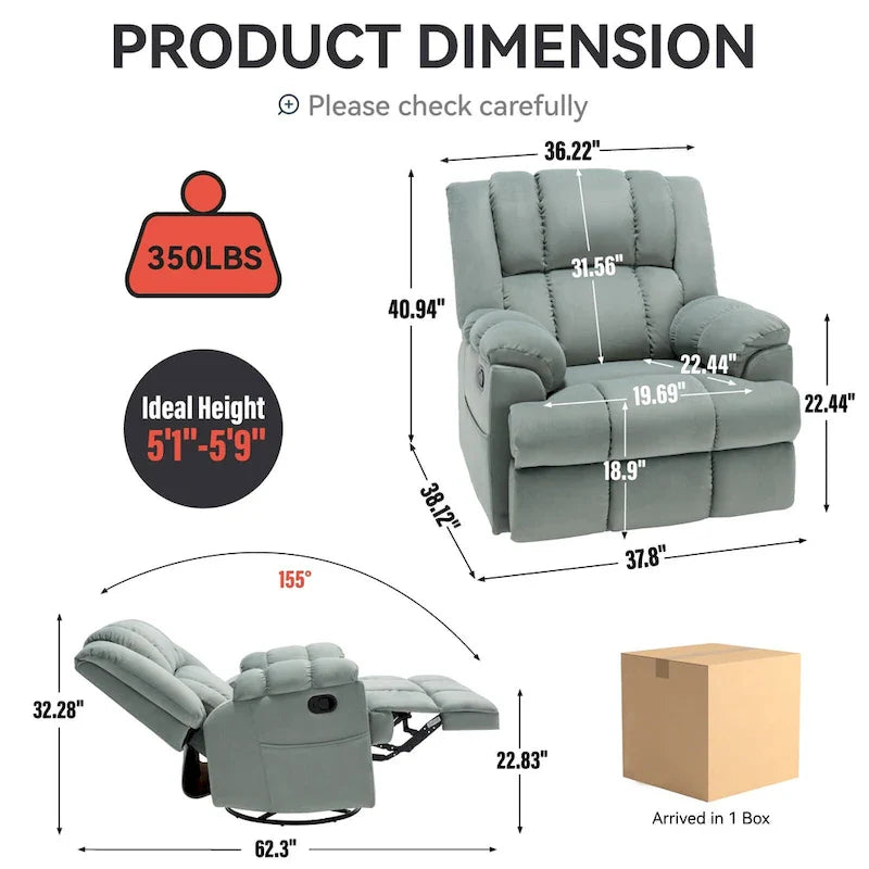 Fauteuil inclinable surdimensionné en tissu vert avec rotation 360°, fonction berçante et commandes manuelles pour un confort maximal