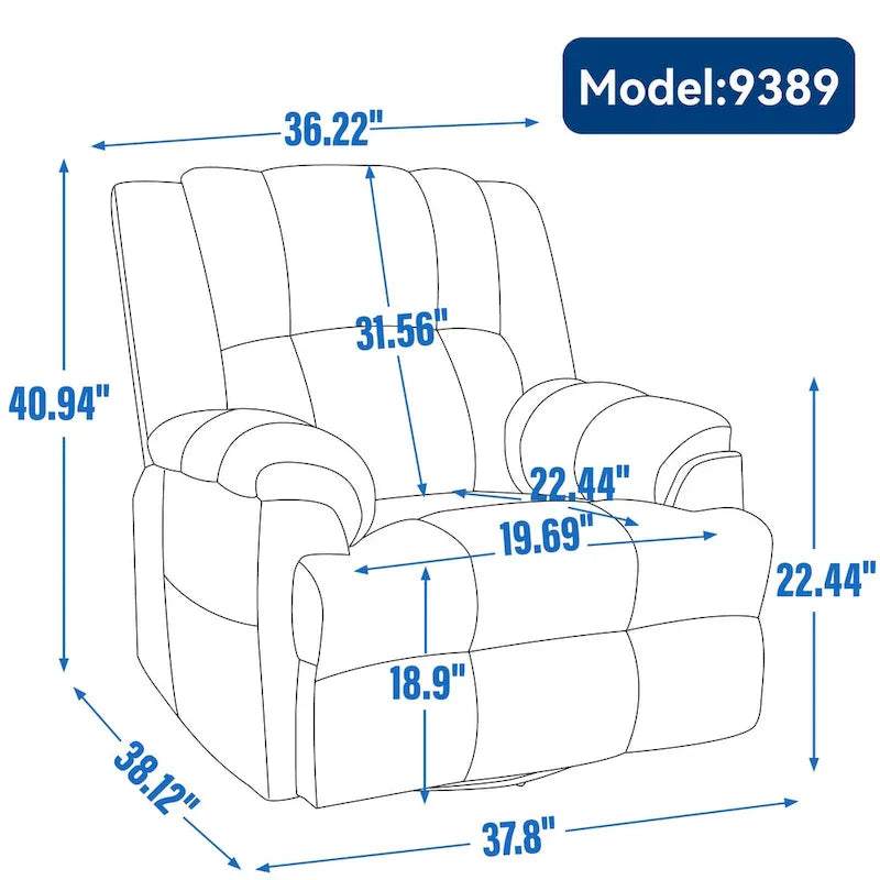 Fauteuil inclinable vert surdimensionné en tissu avec pivotement à 360°, fonction bascule et commandes manuelles pour un confort maximal