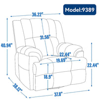 Fauteuil inclinable surdimensionné en tissu vert avec rotation 360°, fonction berçante et commandes manuelles pour un confort maximal