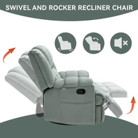 Fauteuil inclinable surdimensionné en tissu vert avec rotation 360°, fonction berçante et commandes manuelles pour un confort maximal
