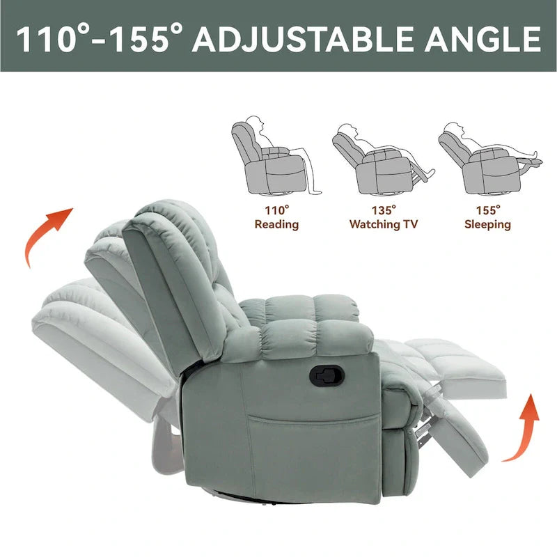 Fauteuil inclinable surdimensionné en tissu vert avec rotation 360°, fonction berçante et commandes manuelles pour un confort maximal