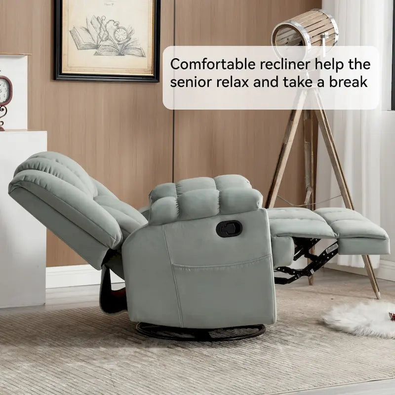 Fauteuil inclinable surdimensionné en tissu vert avec rotation 360°, fonction berçante et commandes manuelles pour un confort maximal