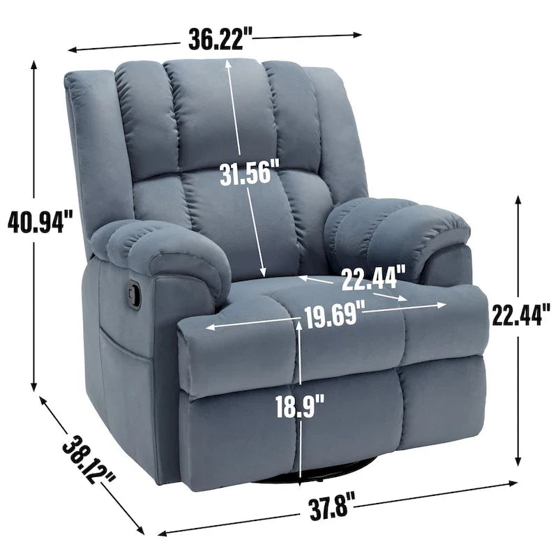 Fauteuil inclinable surdimensionné en tissu vert avec rotation 360°, fonction berçante et commandes manuelles pour un confort maximal