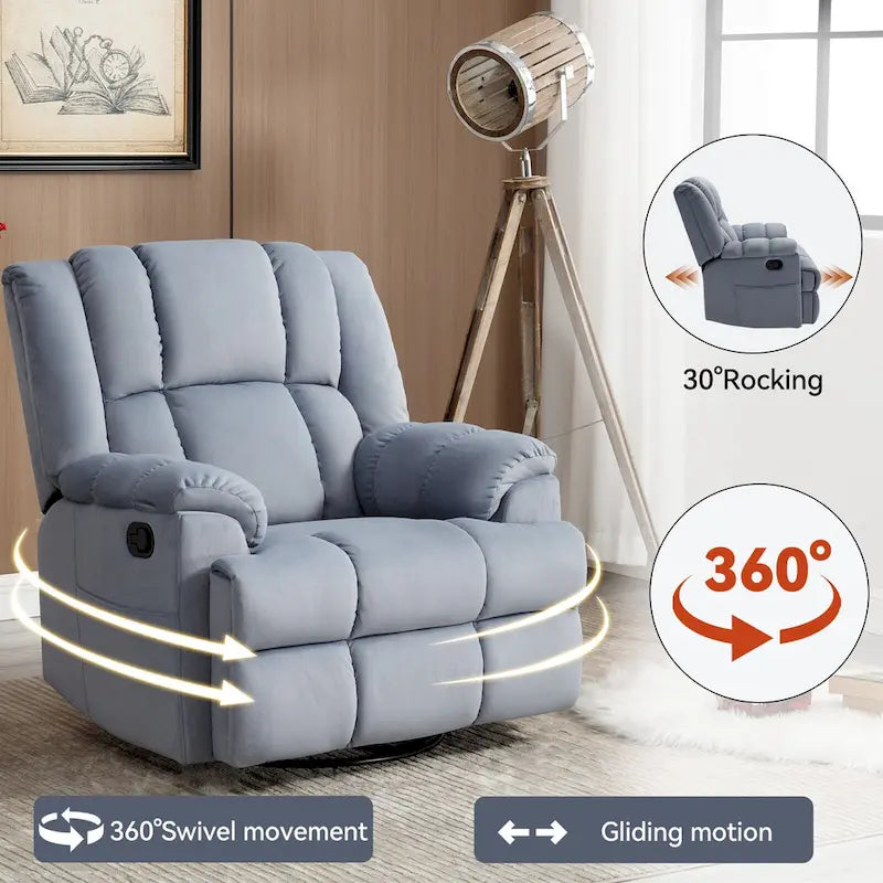 Fauteuil inclinable surdimensionné en tissu vert avec rotation 360°, fonction berçante et commandes manuelles pour un confort maximal