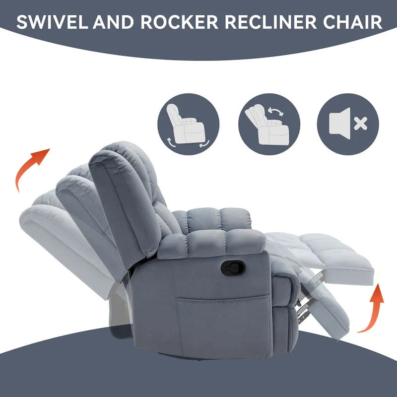 Fauteuil inclinable surdimensionné en tissu vert avec rotation 360°, fonction berçante et commandes manuelles pour un confort maximal