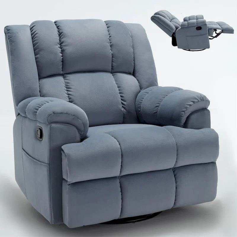 Fauteuil inclinable vert surdimensionné en tissu avec pivotement à 360°, fonction bascule et commandes manuelles pour un confort maximal