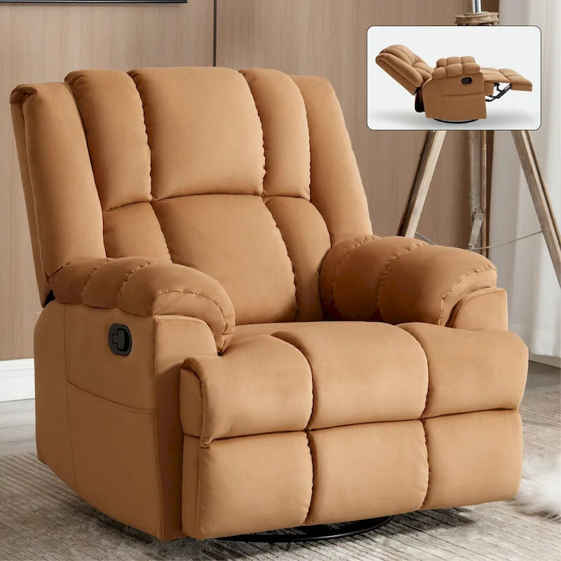 Fauteuil inclinable surdimensionné en tissu vert avec rotation 360°, fonction berçante et commandes manuelles pour un confort maximal