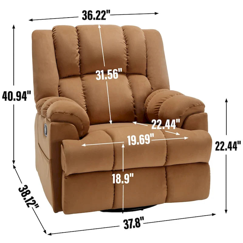 Fauteuil inclinable surdimensionné en tissu vert avec rotation 360°, fonction berçante et commandes manuelles pour un confort maximal