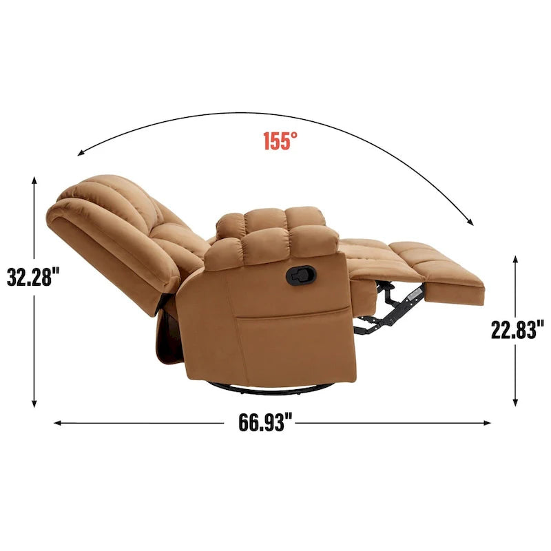 Fauteuil inclinable surdimensionné en tissu vert avec rotation 360°, fonction berçante et commandes manuelles pour un confort maximal