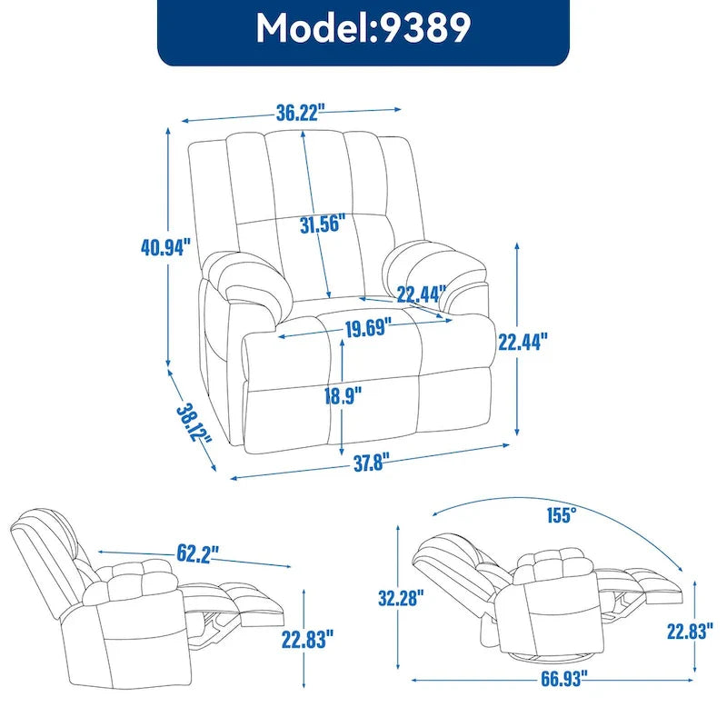 Fauteuil inclinable surdimensionné en tissu vert avec rotation 360°, fonction berçante et commandes manuelles pour un confort maximal