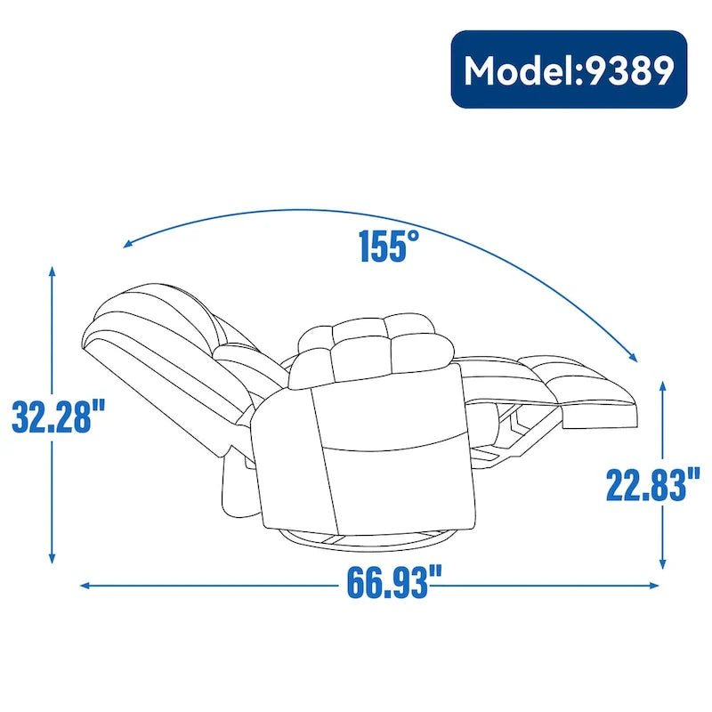 Fauteuil inclinable surdimensionné en tissu vert avec rotation 360°, fonction berçante et commandes manuelles pour un confort maximal