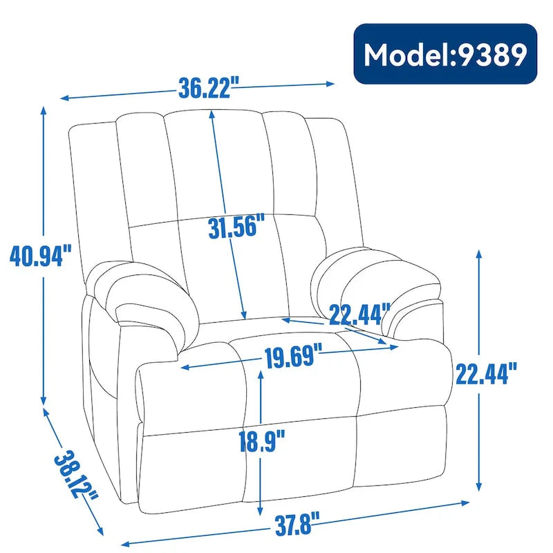 Fauteuil inclinable surdimensionné en tissu vert avec rotation 360°, fonction berçante et commandes manuelles pour un confort maximal