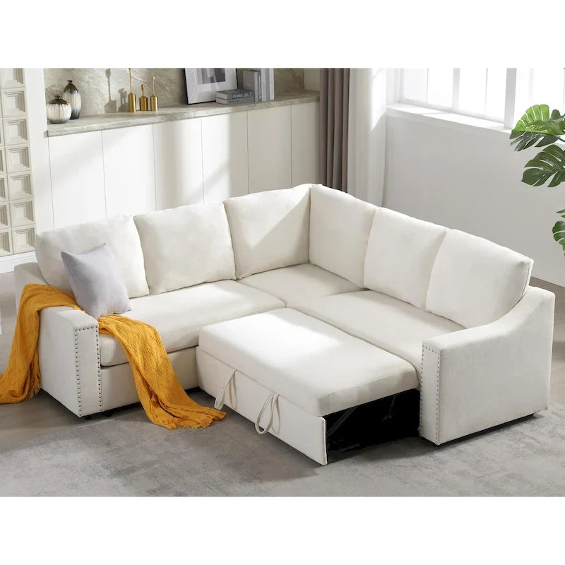 Canapé d'angle en L 5 places de 207 cm avec lit gigogne et 6 coussins, canapé d'angle multifonctionnel pour salon